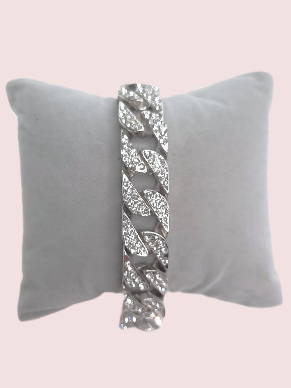 Cuban Link Chain Bracelet Rhinestone Encrusted Iced Silver Tone Unisex Miami